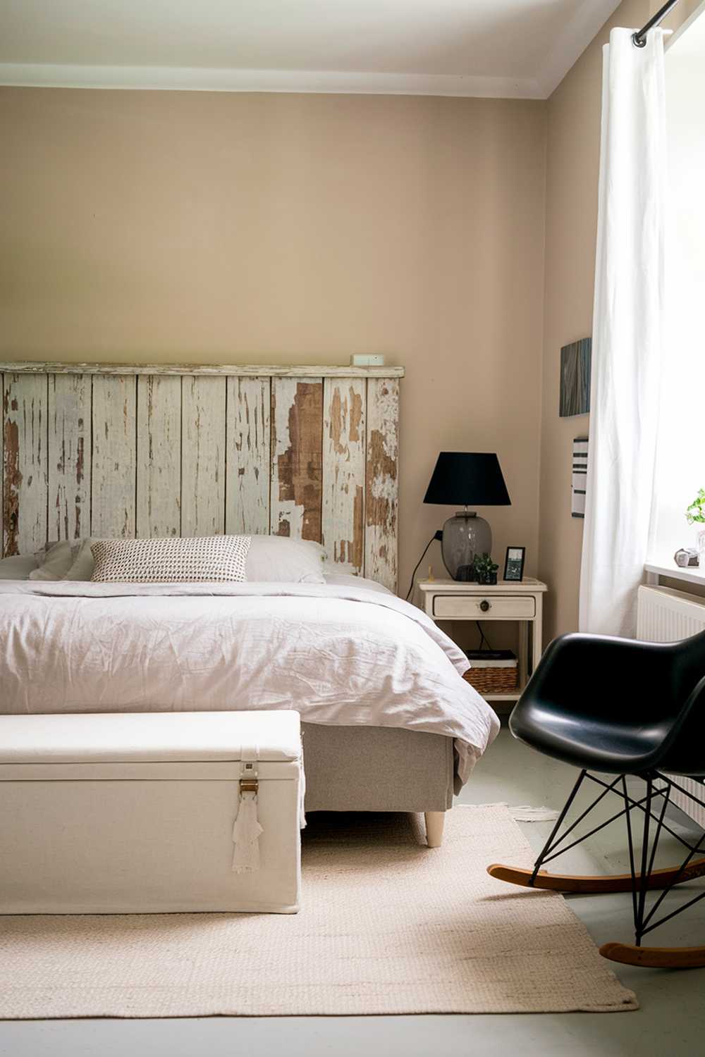 A Scandinavian-style bedroom with a distressed wooden headboard and a light gray bed. There's a white storage ottoman at the foot of the bed and a black rocking chair in the corner. The walls are painted in a soft beige hue. There's a black lampshade on a wooden nightstand beside the bed. A white curtain hangs near the window. The floor is covered with a light beige rug.