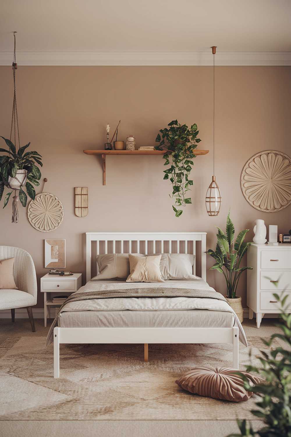 A Scandinavian bedroom design and decor. The room has beige walls, a white wooden bed frame with a grey mattress, a white dresser, and a white chair with a beige cushion. There's a beige area rug on the floor. The walls have a few pieces of decor, including a wooden shelf with a plant and a few decorative items. The room has a few plants, including a hanging one near the bed. The lighting is warm.