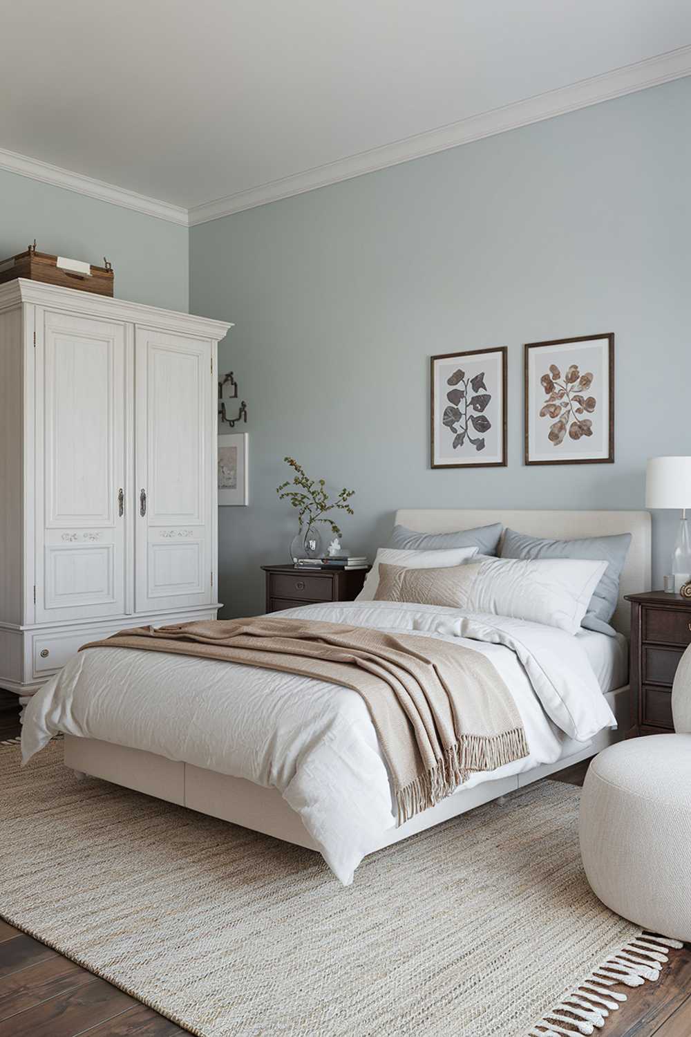 A Scandinavian bedroom decor with a queen-size bed, a white wardrobe, a dark wooden nightstand, and a white chair. The room has a beige rug, a beige throw blanket on the bed, and a white lamp on the nightstand. The walls are painted in a light blue hue.