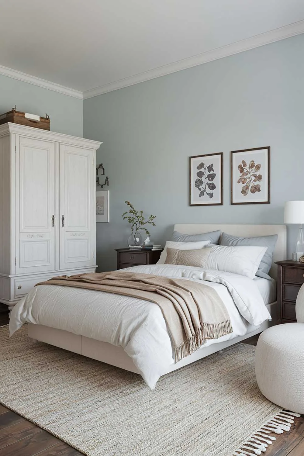 21 Scandi Bedroom Ideas for a Cozy, Minimalist Retreat 11 A Scandinavian bedroom decor with a queen-size bed, a white wardrobe, a dark wooden nightstand, and a white chair. The room has a beige rug, a beige throw blanket on the bed, and a white lamp on the nightstand. The walls are painted in a light blue hue.