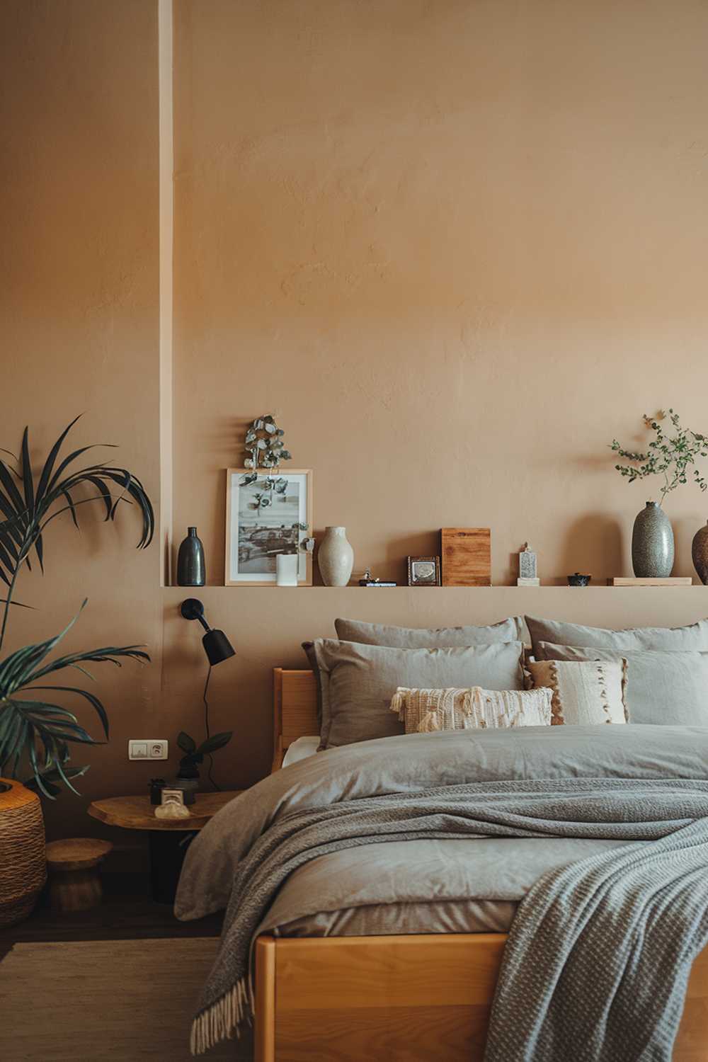 A Scandinavian bedroom decor. The room has a beige and grey colour scheme with wooden elements. There's a large wooden bed with a grey blanket and beige pillow. The bed is placed in the middle of the room. There's a reading lamp on the bedside table. The walls are painted in a warm beige colour. The room has a few decorative items, including a plant, a vase, and a wooden box.