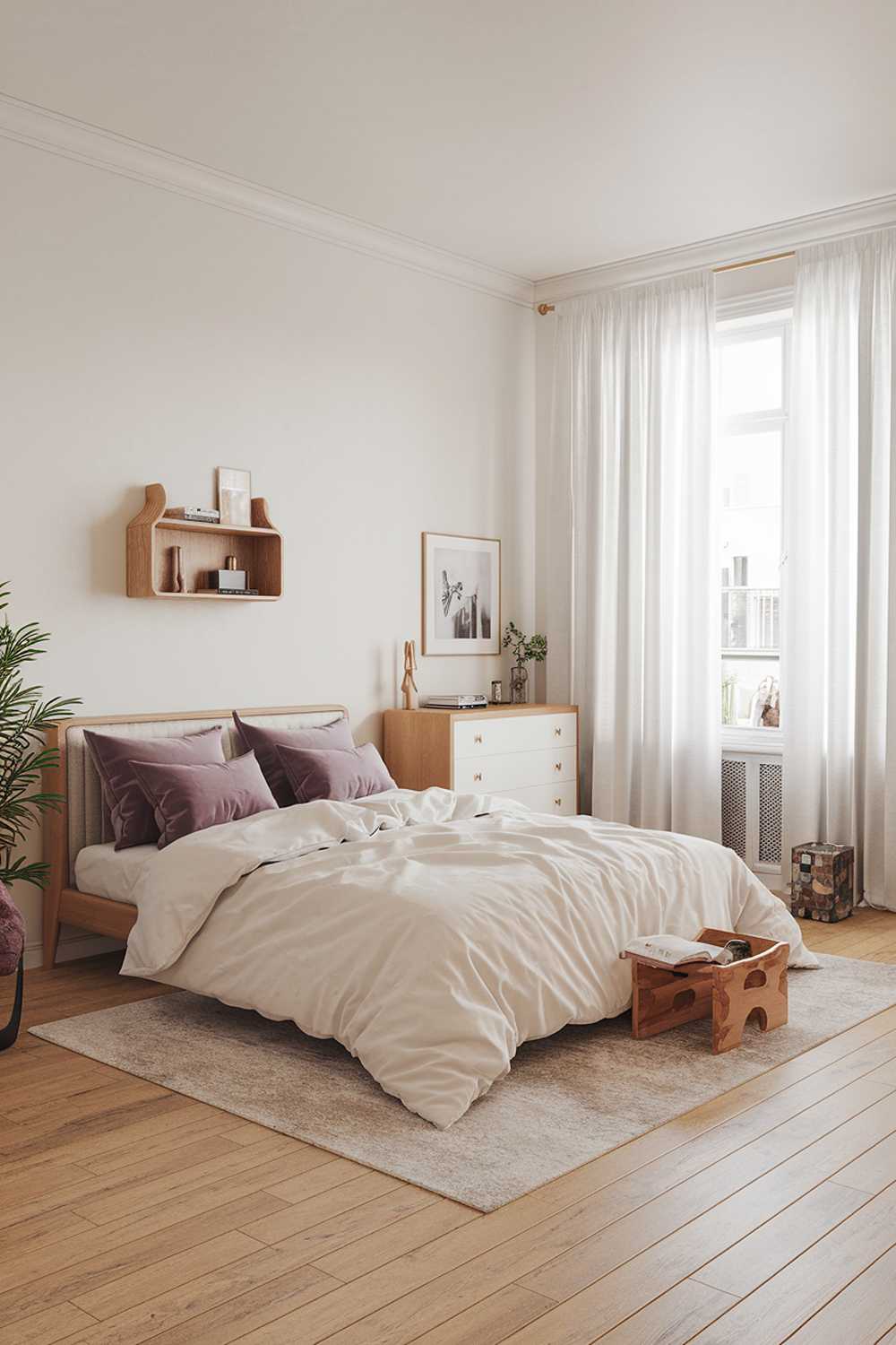 A scandi bedroom decor with a light wooden floor. The room has a large bed with a white duvet and purple pillows. There's a beige area rug beneath the bed. On the wall above the bed, there's a small wooden shelf with a few items. Next to the bed, there's a white dresser with a few items on top. The room has a large window with white curtains. There's a small plant in the room. The walls and the ceiling are white.