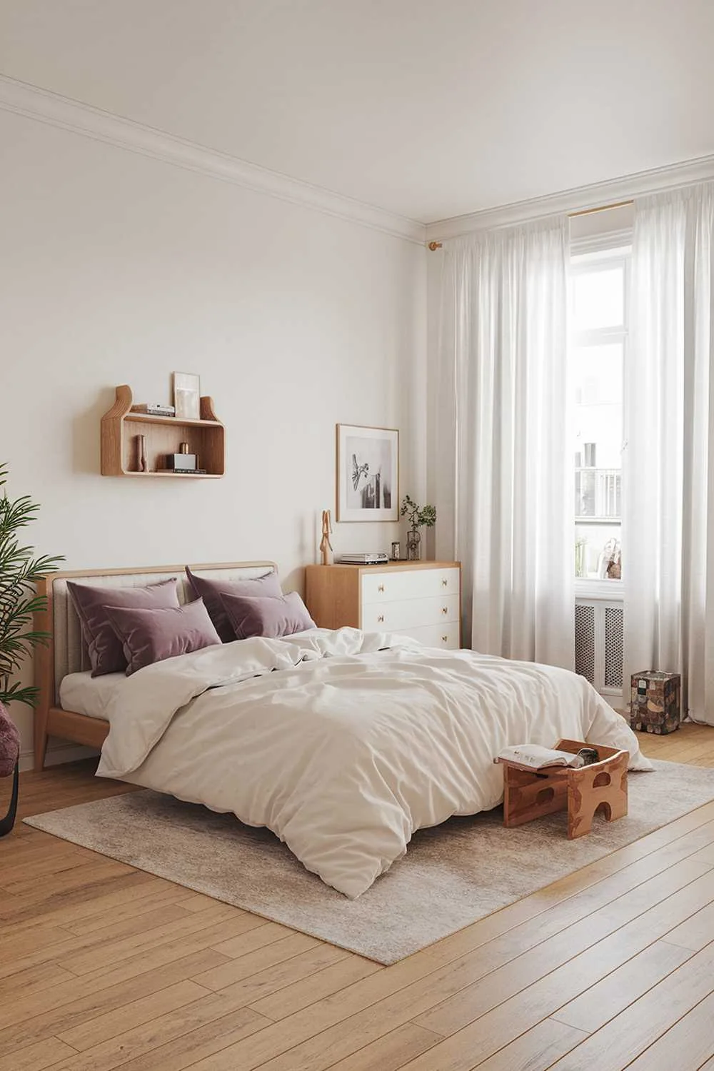 21 Scandi Bedroom Ideas for a Cozy, Minimalist Retreat 15 A scandi bedroom decor with a light wooden floor. The room has a large bed with a white duvet and purple pillows. There's a beige area rug beneath the bed. On the wall above the bed, there's a small wooden shelf with a few items. Next to the bed, there's a white dresser with a few items on top. The room has a large window with white curtains. There's a small plant in the room. The walls and the ceiling are white.