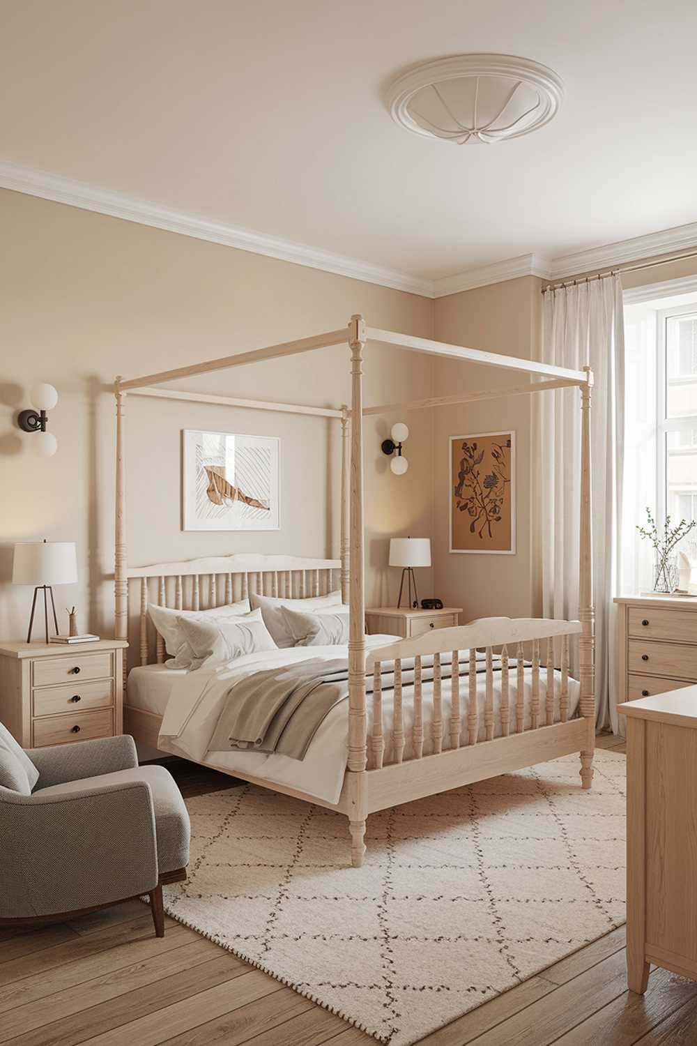 A Scandi bedroom decor with a white wooden bed frame, two white wooden bedside tables, a white wooden dresser, and a white rug. The walls are painted in a soft beige colour. There is a grey chair near the bed. The room has a ceiling light and wall sconces. There are artworks on the walls. The window has white curtains.