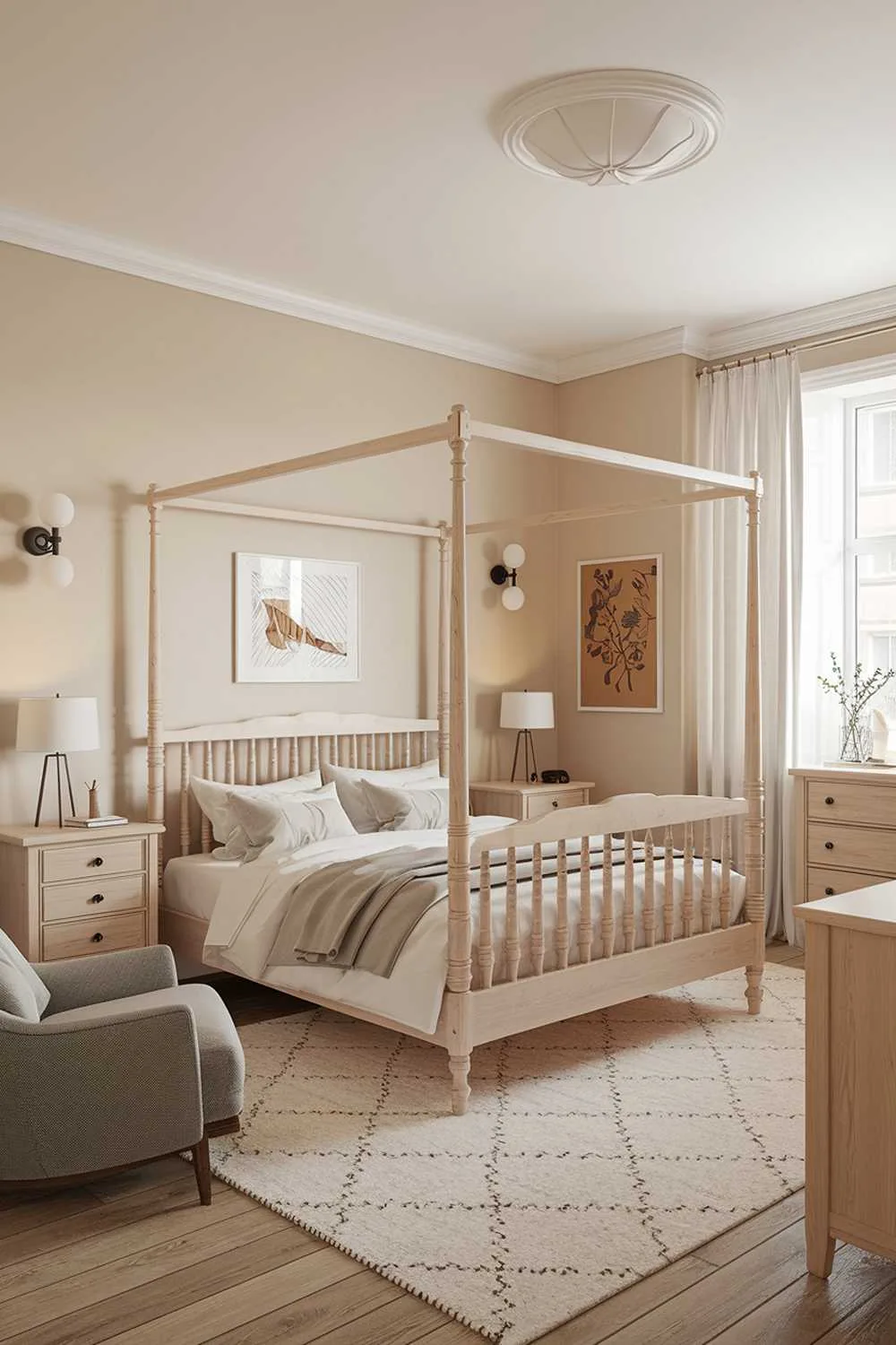 21 Scandi Bedroom Ideas for a Cozy, Minimalist Retreat 16 A Scandi bedroom decor with a white wooden bed frame, two white wooden bedside tables, a white wooden dresser, and a white rug. The walls are painted in a soft beige colour. There is a grey chair near the bed. The room has a ceiling light and wall sconces. There are artworks on the walls. The window has white curtains.