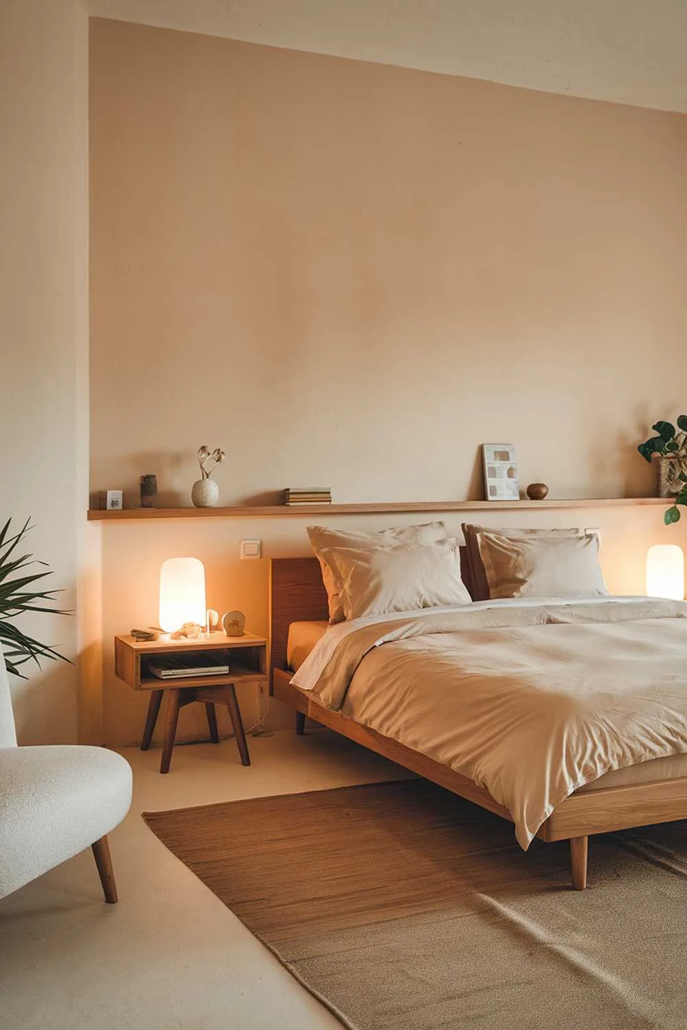 21 Scandi Bedroom Ideas for a Cozy, Minimalist Retreat 17 A Scandinavian-style bedroom with a warm color palette. The room has a wooden bed frame with a beige duvet and two beige pillows. There's a wooden nightstand next to the bed with a white lamp. The wall behind the bed has a built-in wooden shelf with a few items. The floor is covered with a beige rug. The room has a white chair and a plant in the corner. The lighting is warm.