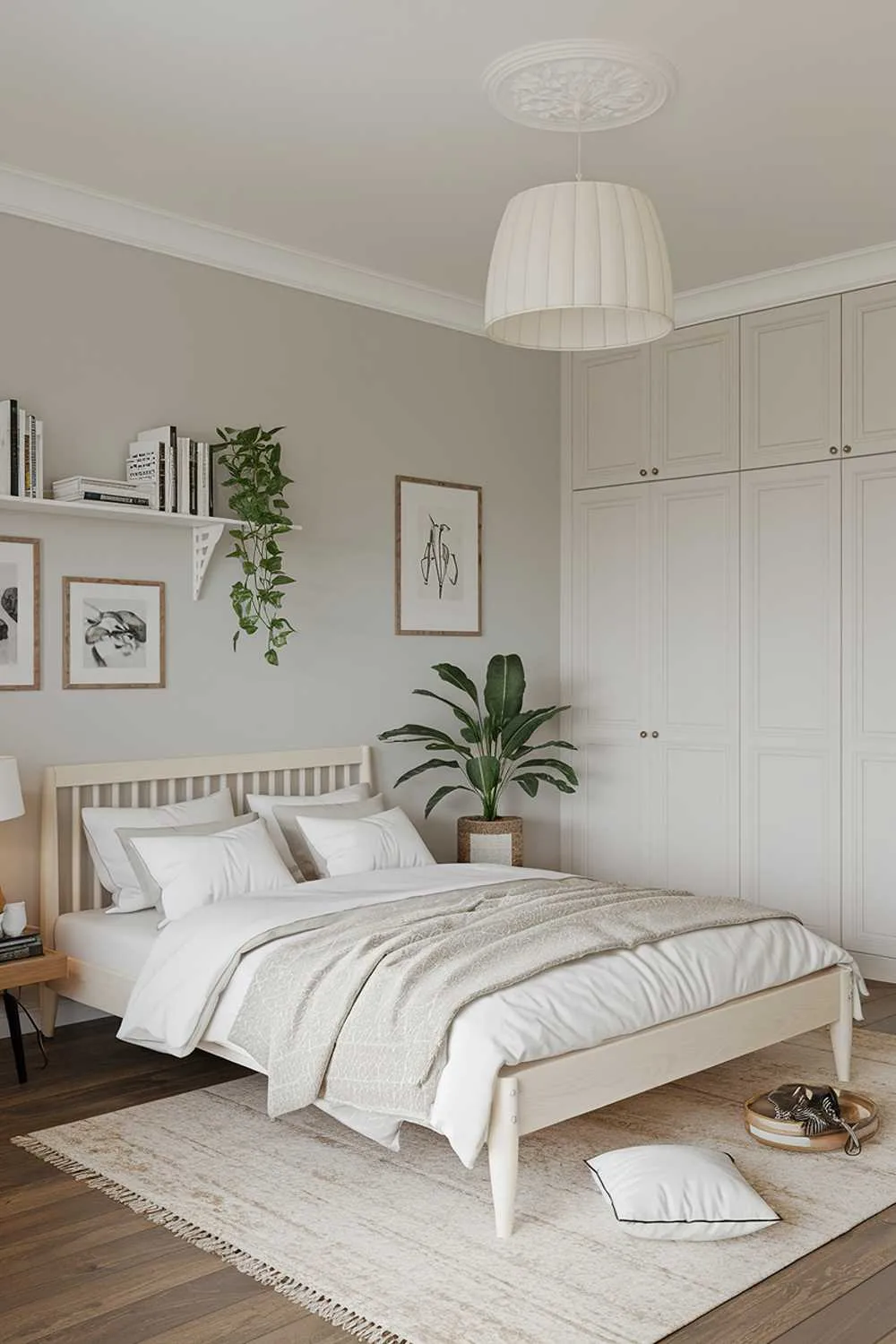 21 Scandi Bedroom Ideas for a Cozy, Minimalist Retreat 18 A Scandi bedroom design and decor. The room features a white wooden bed with a light grey blanket and white pillows. There's a beige area rug underneath the bed. On the left wall, there's a white bookshelf with some books and a green plant. On the right wall, there's a white wardrobe. The room has a white lampshade on a wooden stand near the bed. The walls and ceiling are painted in a light grey shade.