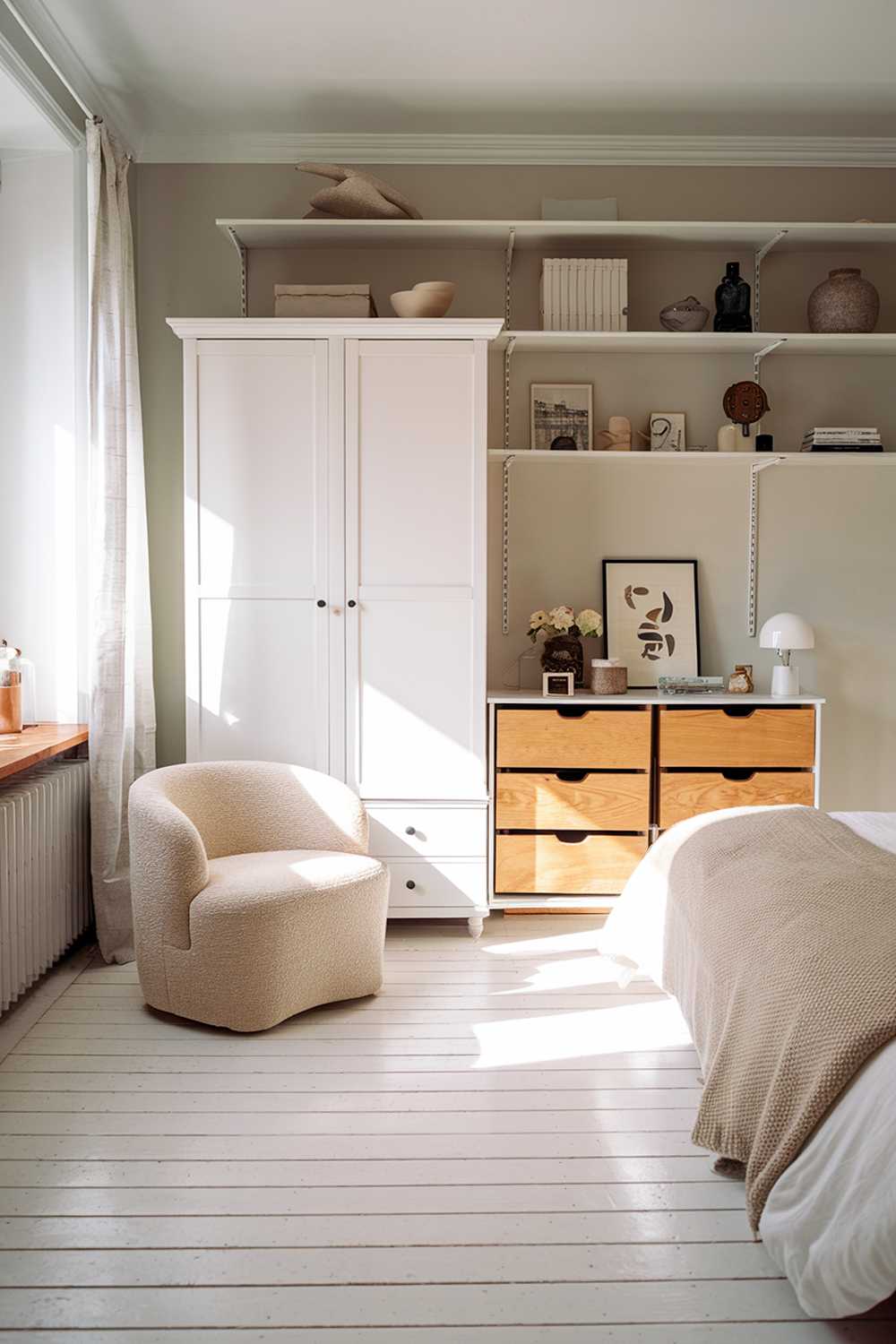 A Scandinavian bedroom. The room has a white wooden floor and is filled with natural light. There is a white bed with a beige blanket and a beige chair in the room. A white wardrobe with wooden drawers is placed against the wall. There are white shelves above the bed. The walls are painted in a light grey color.