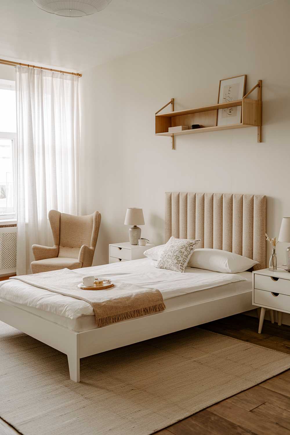 A Scandi bedroom design and decor. The room has a white wall, a white wooden bed frame with a beige fabric headboard, a beige rug, a white bedside table on either side of the bed, and a beige lamp. There's a beige armchair in the corner near the window. The window has white curtains. On the wall above the bed, there's a beige wooden shelf with a few items. The floor is wooden.