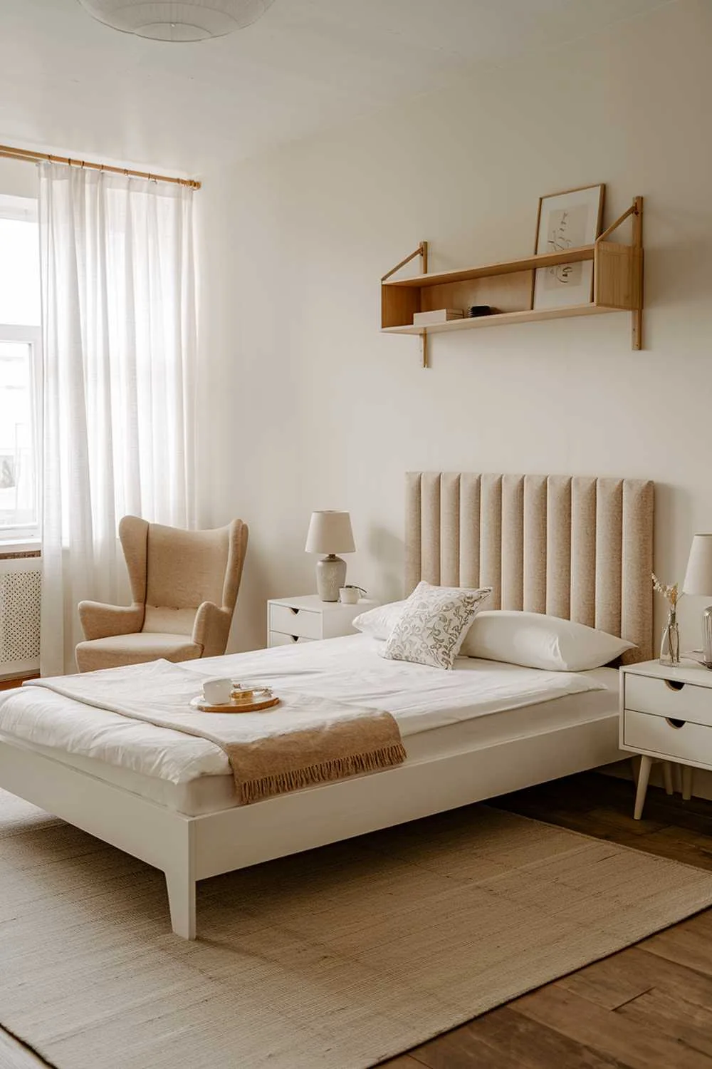 21 Scandi Bedroom Ideas for a Cozy, Minimalist Retreat 20 A Scandi bedroom design and decor. The room has a white wall, a white wooden bed frame with a beige fabric headboard, a beige rug, a white bedside table on either side of the bed, and a beige lamp. There's a beige armchair in the corner near the window. The window has white curtains. On the wall above the bed, there's a beige wooden shelf with a few items. The floor is wooden.