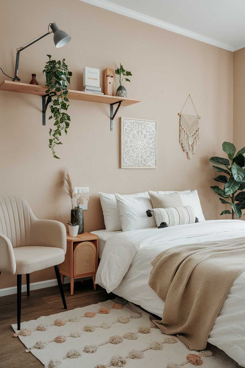 A Scandi style bedroom. The room has a beige wall and a wooden floor. There's a white bed with a beige blanket and a few pillows. Next to the bed, there's a beige chair. There's a wooden shelf above the bed. The shelf has a few items, including a lamp, a plant, and a decorative item. The room has a few other decorative items, such as a plant and wall art.