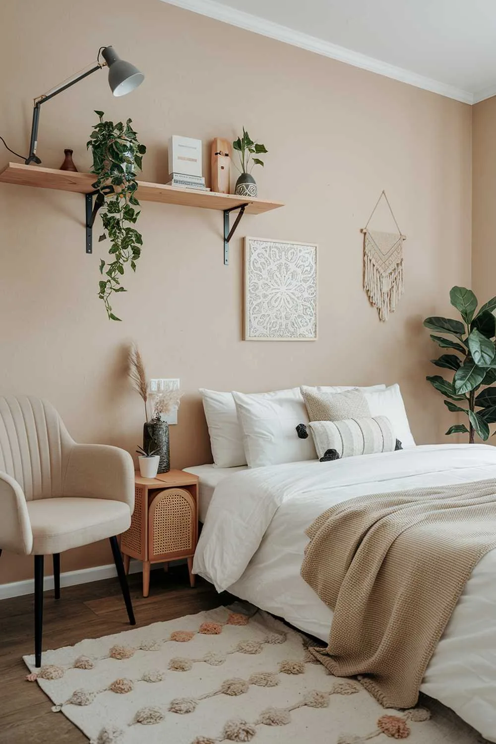 21 Scandi Bedroom Ideas for a Cozy, Minimalist Retreat 21 A Scandi style bedroom. The room has a beige wall and a wooden floor. There's a white bed with a beige blanket and a few pillows. Next to the bed, there's a beige chair. There's a wooden shelf above the bed. The shelf has a few items, including a lamp, a plant, and a decorative item. The room has a few other decorative items, such as a plant and wall art.