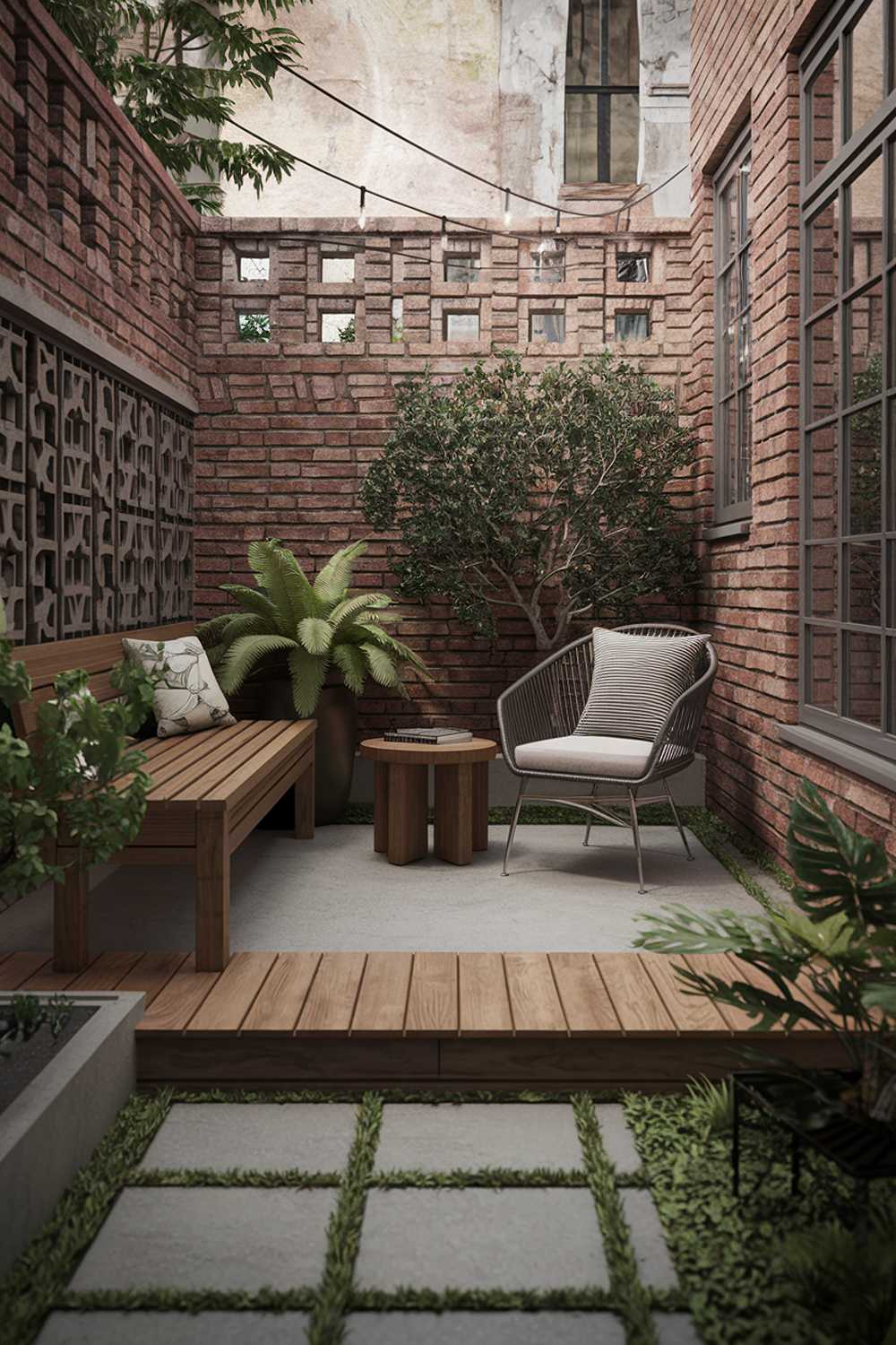 A small patio design with a wooden deck, stone pavers, and a concrete floor. There is a wooden bench and a metal chair with a cushion. A potted plant adds a touch of greenery. There is a small wooden table. The patio is surrounded by a brick wall with a decorative lattice pattern. The background reveals a rustic building with a window. The lighting is soft.