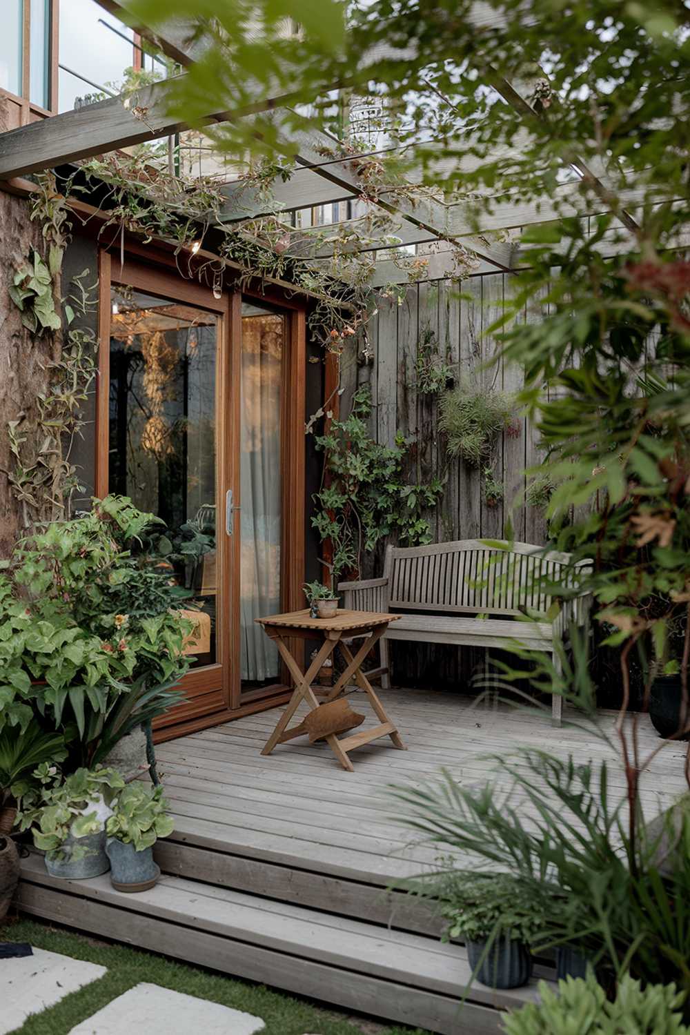 The patio has a wooden deck and is surrounded by lush greenery. There is a wooden bench and a small table on the deck. A few potted plants add to the greenery. The background reveals a house with a wooden exterior.