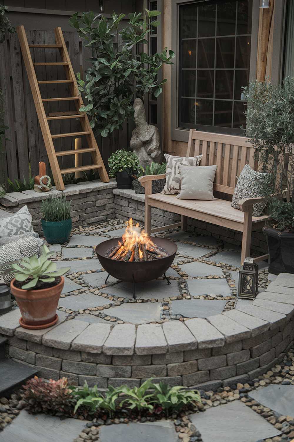 A small patio design with a fire pit, wooden bench, and potted plants. The patio is paved with small stones and surrounded by a low wall made of stones. There is a wooden ladder leaning against the wall, and there are some decorative items, such as a lantern and a sculpture, placed around the patio. The background reveals a house with a wooden exterior.