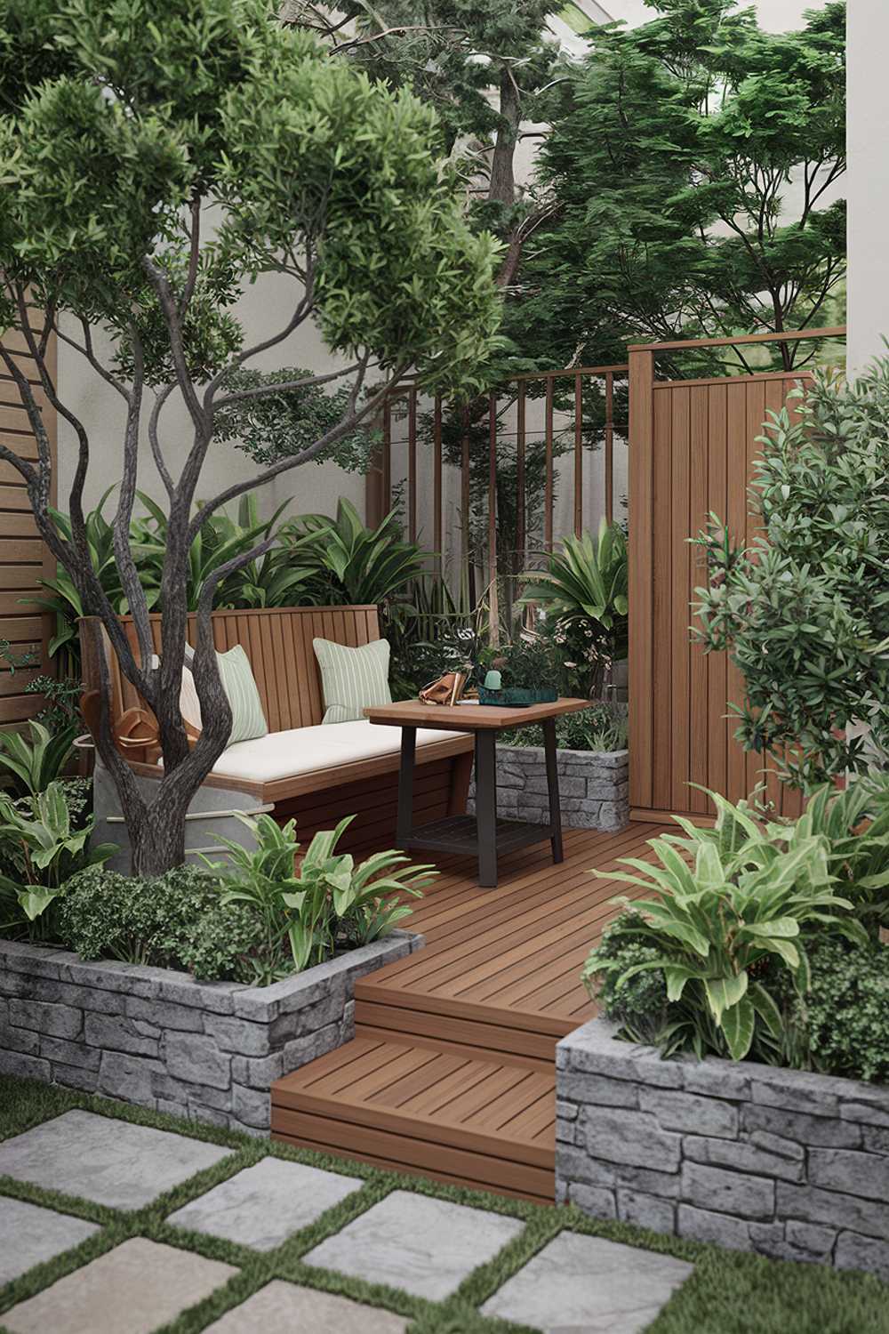 A small patio design with a wooden deck floor and stone base. There is a wooden bench seat with a backrest and a small table beside it. The patio is surrounded by lush green plants with a mix of tall trees and smaller bushes. There is a stone pathway leading to the patio. The background contains a white wall and a wooden gate.