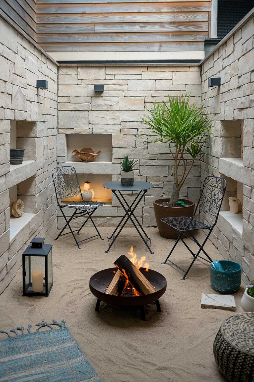 A small, cozy patio with a stylish design. The patio has a table with two chairs and a potted plant. There's a fire pit with a few logs burning. The walls around the patio are made of stone and have built-in shelves. The ground is covered with sand. There are a few items, such as a lantern and a rug, placed around the patio. The background reveals a wooden structure.