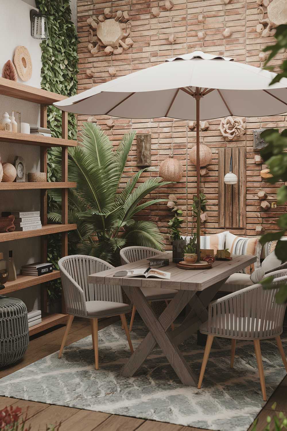 A small patio design and decor with a rustic charm. There's a wooden table with a white umbrella, surrounded by rustic chairs. There's a potted plant near the table. On the left, there's a rustic wooden shelf with decorative items. The background reveals a brick wall with decorative elements.