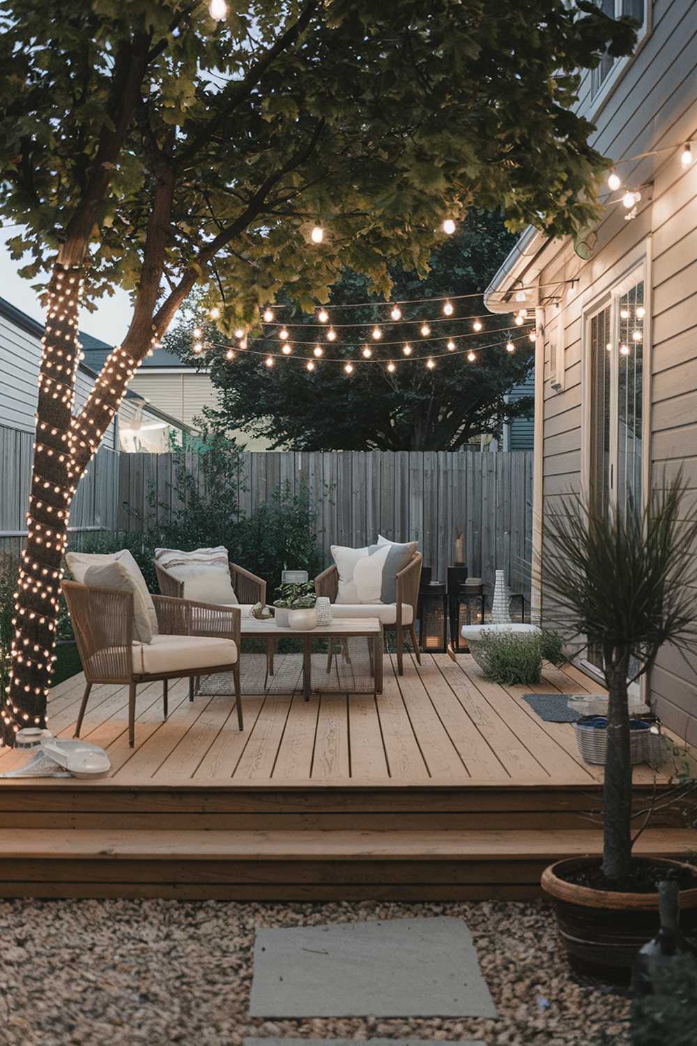 A small backyard patio design and decor. The patio has a wooden deck with a few chairs and a table. There's a potted plant near the table. A string of lights is wrapped around a nearby tree branch. The background reveals a fence and a house. The ground is covered with gravel.