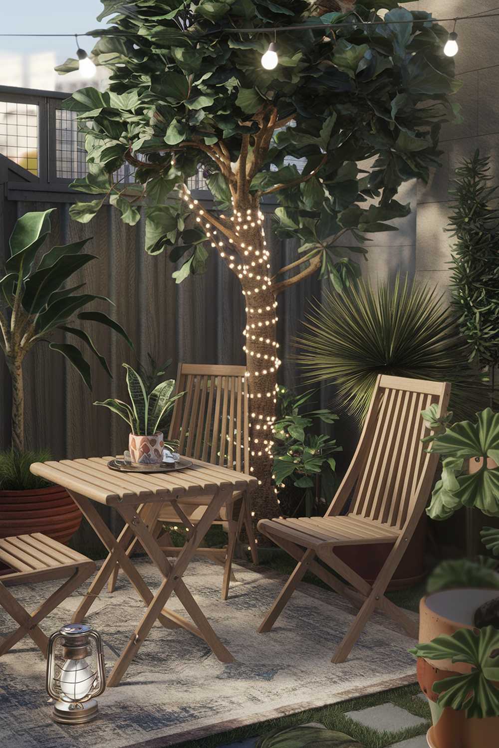 A small backyard patio design and decor with a wooden table, wooden chairs, and a few potted plants. There's a string of fairy lights wrapped around one of the plants. The ground is covered with a rug. There's a lantern on the ground. The background reveals a fence and a wall.