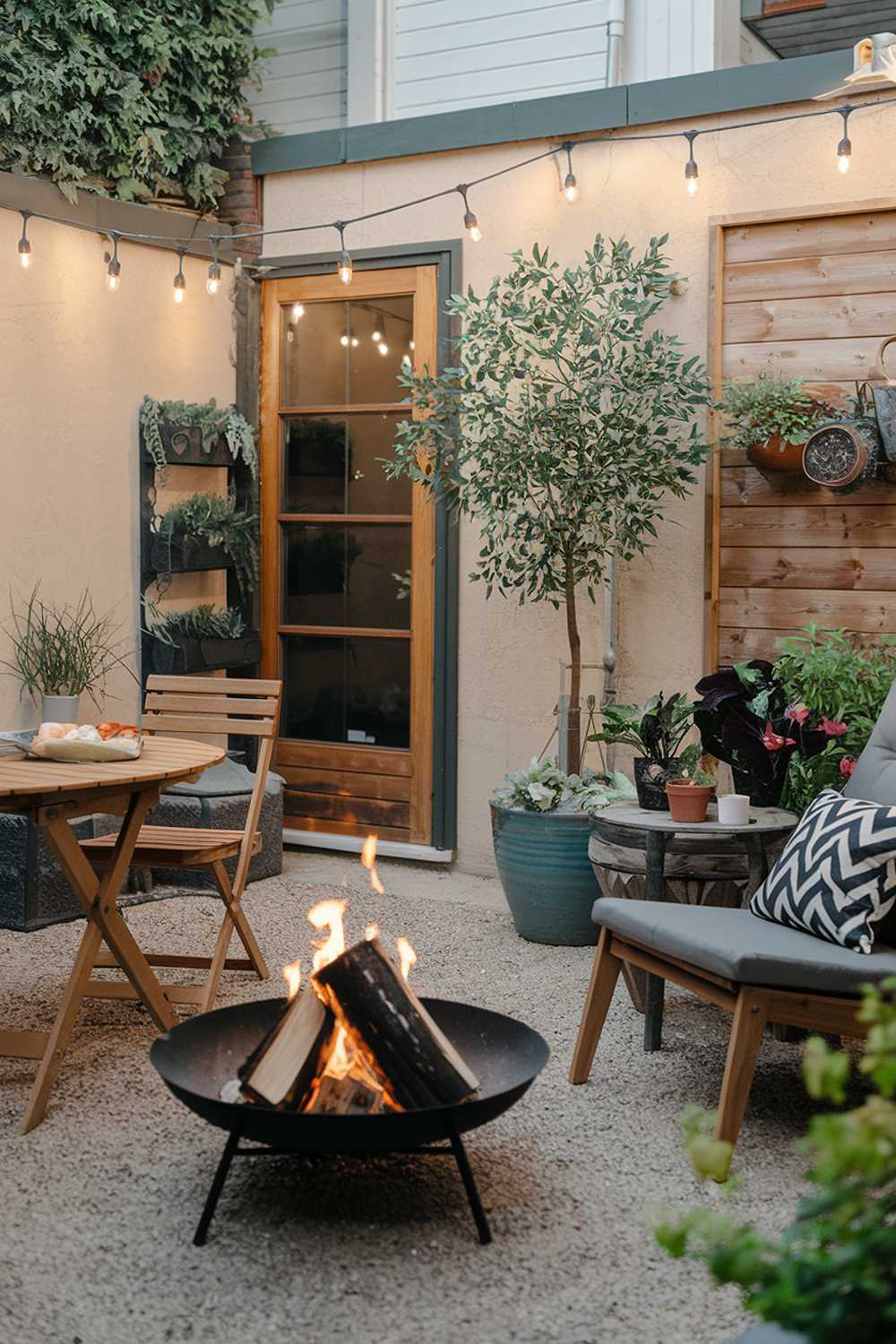 A small backyard patio design and decor. The patio features a wooden table and chairs, a potted plant, and a string of fairy lights. There is a fire pit with burning logs. The background contains a wall with a wooden door and a few potted plants. The ground is covered with gravel.