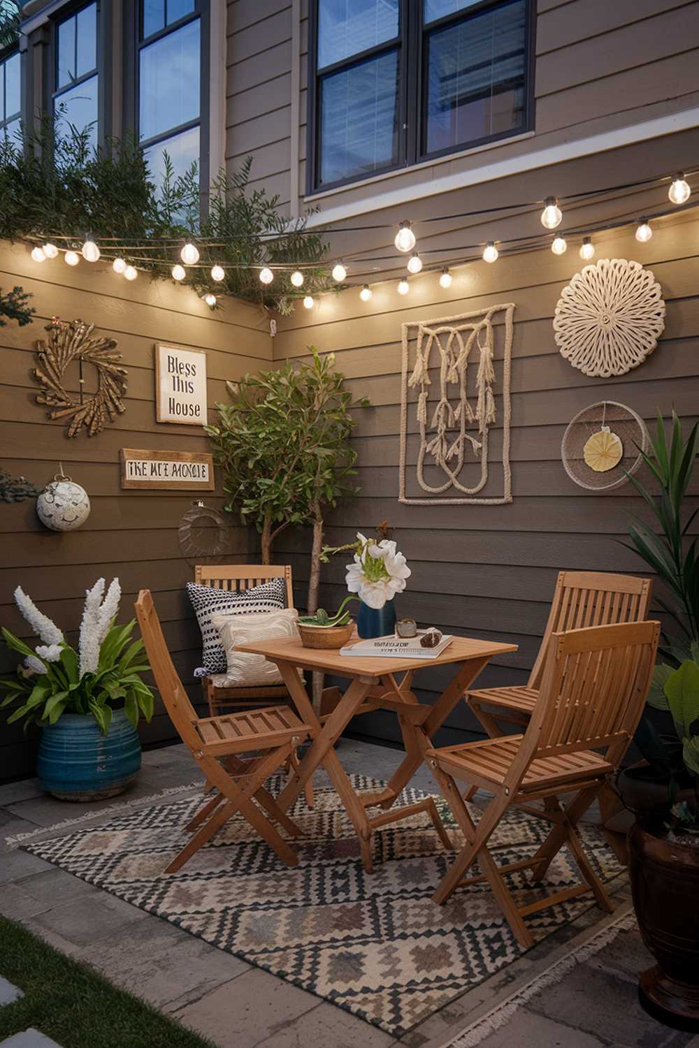 A small backyard patio design and decor. The patio has a table and chairs made of wood, with a patterned rug beneath. There is a potted plant on the ground. The walls are adorned with decorative items, including a sign that says "Bless this house". The area is illuminated by string lights. The background contains a building with windows.