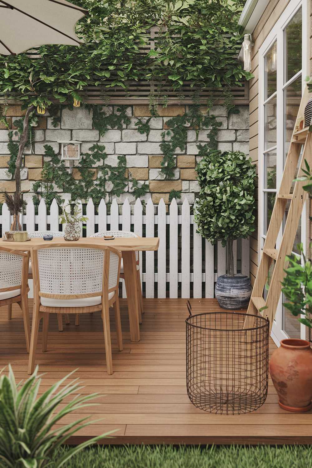 A small backyard patio design and decor with a rustic ambiance. The patio features a wooden dining table and chairs, a vintage wire basket, a green plant, a terra cotta pot, and a wooden ladder. The floor is made of wooden planks. The background contains a white picket fence and a stone wall with greenery.