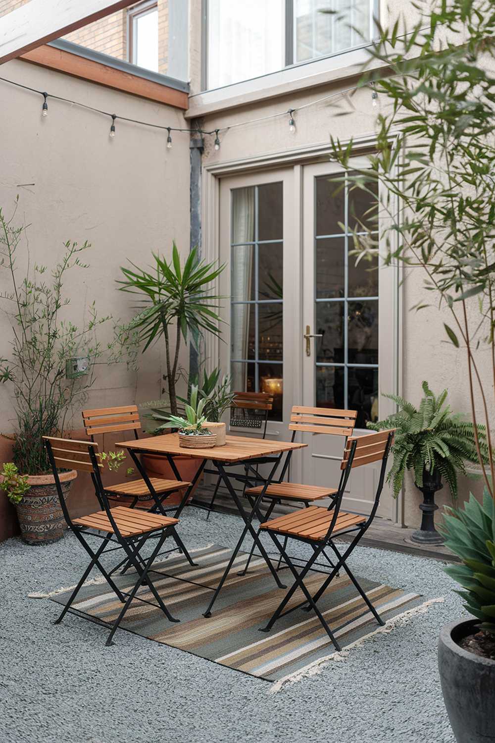 A small patio design and decor. There's a wooden table with four chairs. A potted plant sits on the ground near the table. A rug is placed under the table. There's a wall with a door nearby. The ground is covered with gravel.