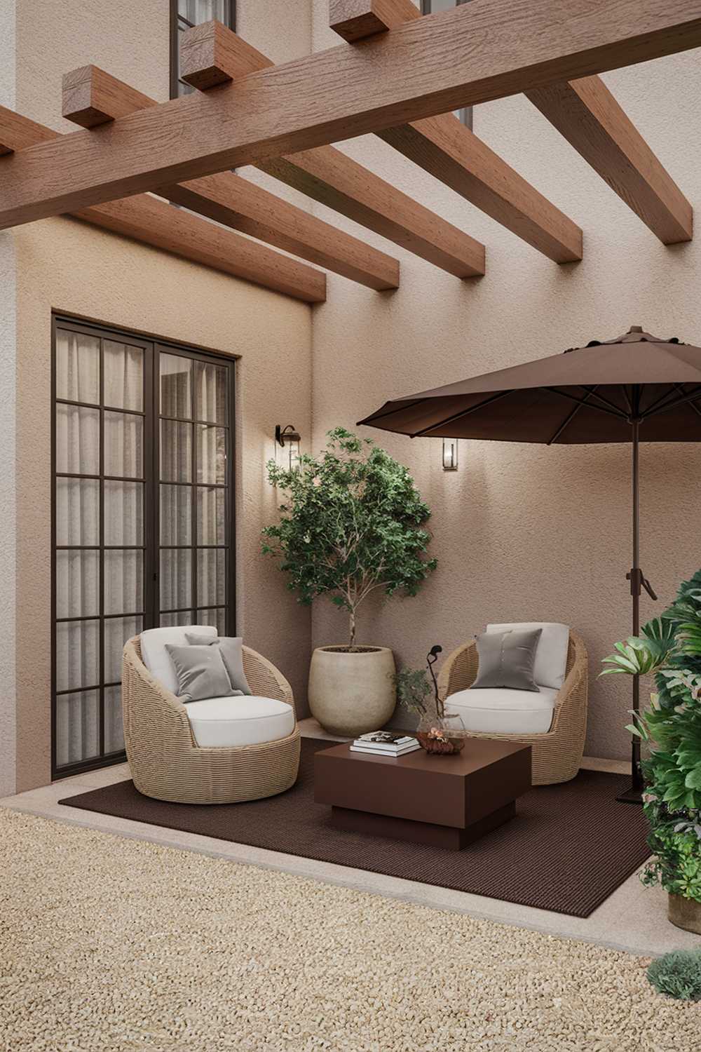 A small patio design and decor. The patio has a beige wall and a wooden beam ceiling. There is a white wicker chair and a dark brown coffee table. A potted plant in a beige pot is placed near the wall. A dark brown umbrella is placed near the wall. A dark brown outdoor rug is placed on the ground. The ground is covered with beige gravel.