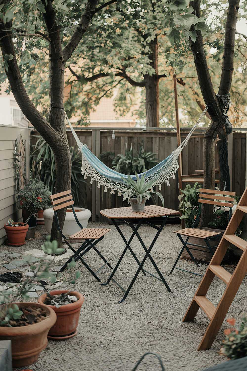 A small backyard patio design and decor. There is a wooden table with two chairs and a potted plant. A hammock is hung between two trees. There is a wooden ladder beside the hammock. There are potted plants scattered around the patio. The ground is covered with gravel. The background reveals a fence and trees.