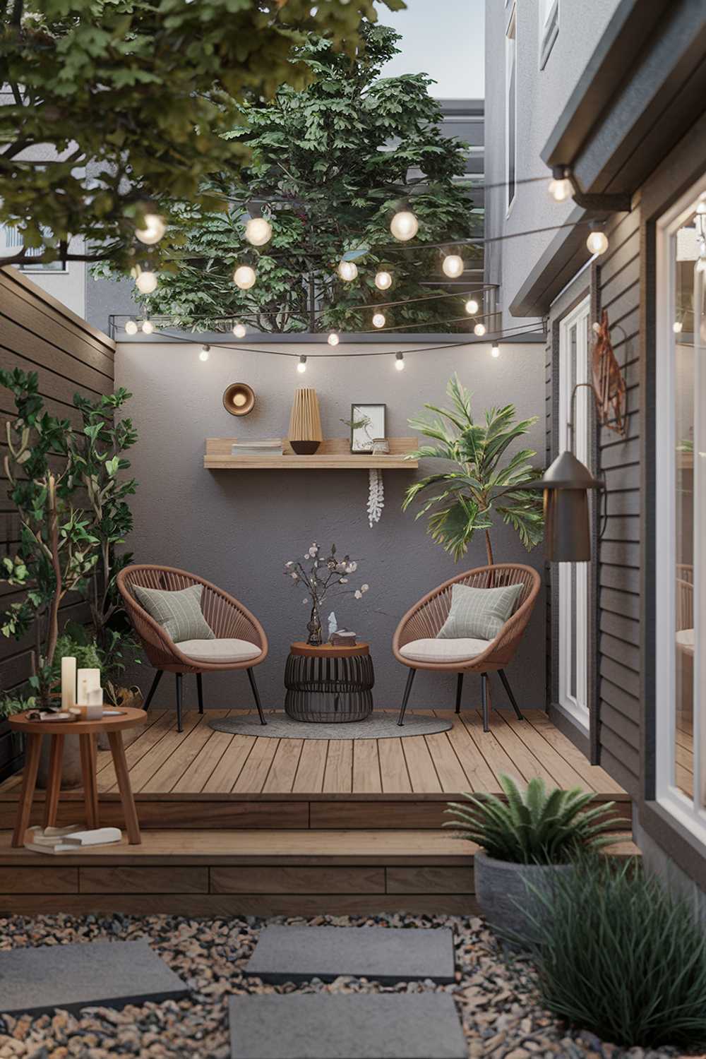 A modern small backyard patio design and decor. The patio includes a wooden deck with a few chairs and a small table. There's a potted plant near the wall. The wall has a wooden shelf with a few decorative items. There's a string of lights hanging above the table. The ground is covered with small rocks. The background contains a building and a few trees.