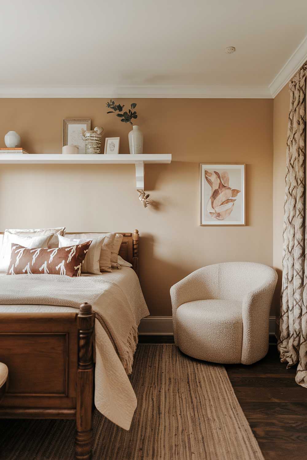 A cozy and stylish bedroom. The room has a beige wall, a dark wooden floor, and a white ceiling. There's a wooden bed with a beige blanket and a few pillows. Next to the bed, there's a beige chair. On the wall above the bed, there's a white shelf with a few decorative items. The room has a warm and inviting ambiance.