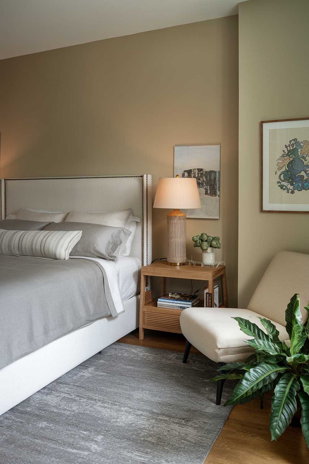 A stylish bedroom design and decor. There's a queen-size bed with a white headboard and a grey comforter. The bed is placed against a beige wall. There's a wooden nightstand beside the bed, holding a lamp and a book. The floor is covered with a grey rug. There's a beige chair in the corner, next to a green plant. The room has a few pieces of artwork on the walls.