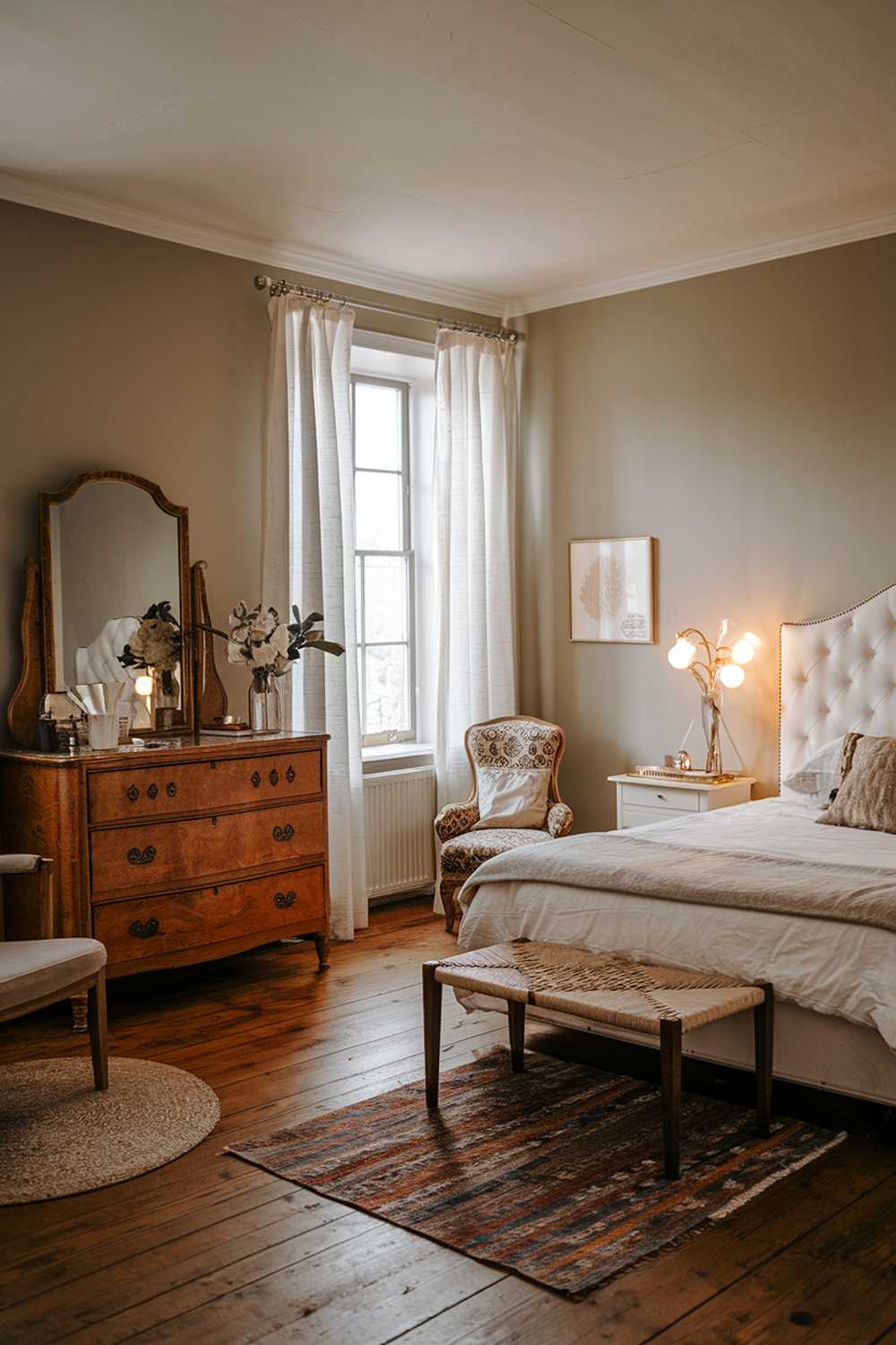 A cozy stylish bedroom design and decor. The room has a wooden floor and is furnished with a queen-size bed with a white headboard. There's a vintage dresser with a mirror, a chair in the corner, and a small table next to the bed. The walls are painted a soft grey. The room has a window with white curtains. There's a rug near the bed. The lighting is warm.