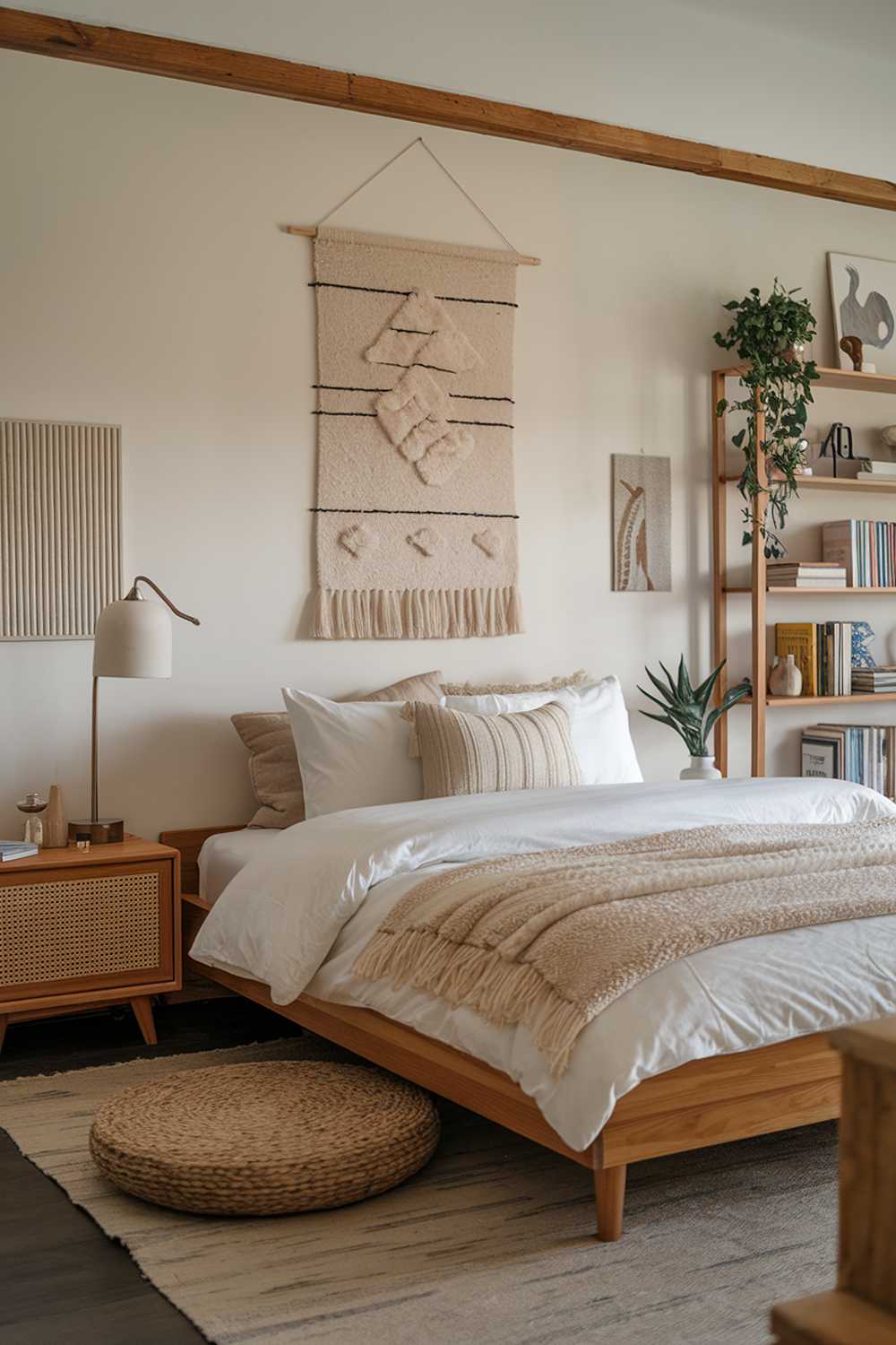 A cozy and stylish bedroom design. The room has a wooden platform bed with a plush white duvet and pillows. There's a beige rug beneath the bed. A wooden nightstand with a lamp is placed beside the bed. Above the bed, there's a beige wall hanging. The walls have a few pieces of art. The room has a wooden shelf with books and a plant.