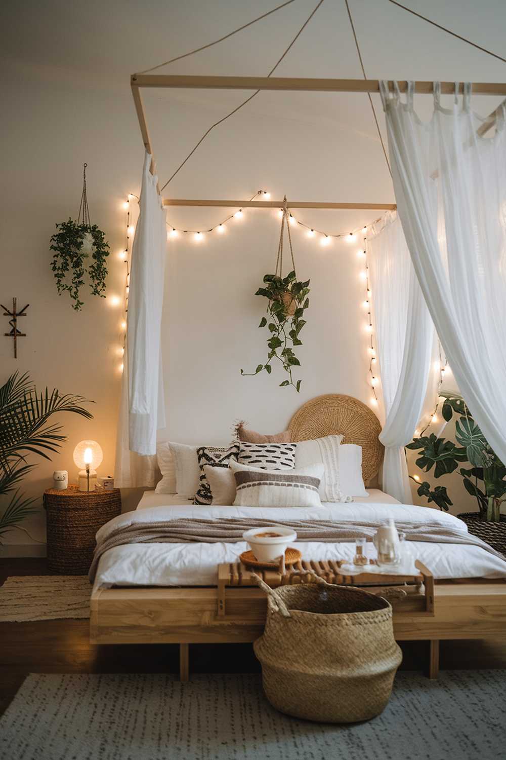 A stylish bedroom design and decor. The room has a wooden platform bed with a white curtain as a canopy. There's a woven basket at the foot of the bed and a small table with a lamp beside it. The walls are adorned with potted plants and a string of fairy lights. The floor is covered with a rug.