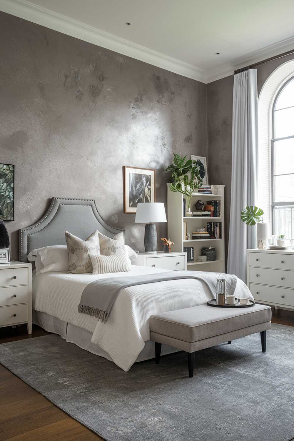 A stylish bedroom with a grey and white color scheme. The wall has a textured finish and is painted grey. There's a white bed with a grey headboard. The room has a white dresser, nightstand, and a bookshelf. A few decorative items, including a lamp, a plant, and a painting, are placed around the room. The floor is covered with a grey rug. The room has a large window with white curtains.