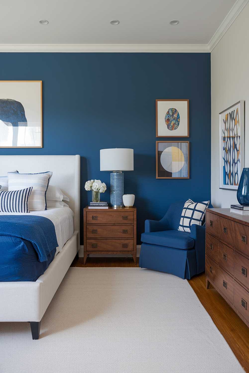 A stylish bedroom with a blue accent wall, a white bed with a blue blanket, and a wooden dresser. A blue chair in the corner and a white lamp on the nightstand. The floor is covered with a white rug. The walls are decorated with a few pieces of artwork.