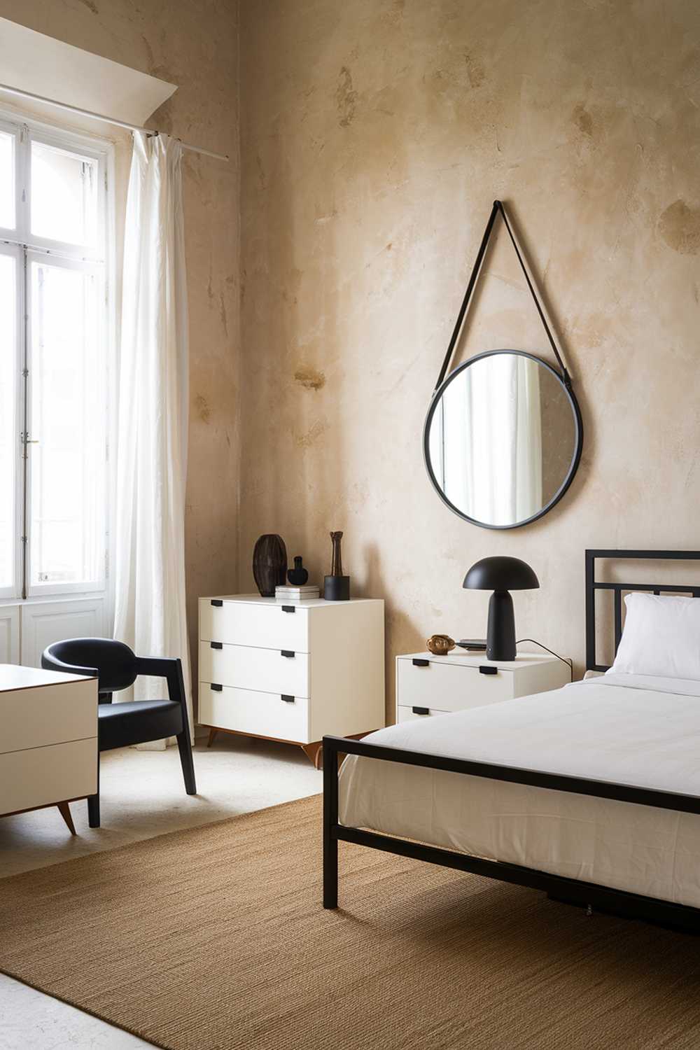 A stylish bedroom with a modern decor. The room has a white bed with a black frame and a black lamp on the nightstand. There's a white dresser with a black drawer pull near the bed. The walls have a textured beige finish and have a large, round, black mirror hanging on one wall. The floor is covered with a beige rug. There's a black chair in the corner. The room has a large window with white curtains.