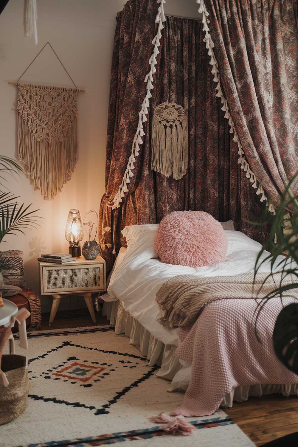 A stylish bedroom with a bohemian decor. The room features a cozy bed with a plush pink throw pillow and a beige throw blanket. There's a vintage lamp on the bedside table. The walls are adorned with a patterned curtain and a macrame wall hanging. The floor is covered with a rug with a geometric pattern. There's a plant in the room. The room has a few personal items, such as a book and a bag. The lighting is warm and soft.