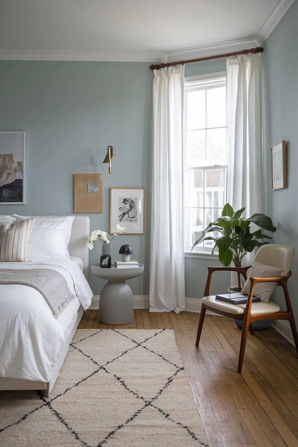 A stylish bedroom design and decor. The room has a minimalist aesthetic with a white bed, a gray side table, a beige rug, and a wooden chair. There's a potted plant near the window. The walls are painted in a light blue shade, and the floor is wooden. Some personal items, such as a book and a lamp, are placed on the bedside table. The room has a large window with white curtains.