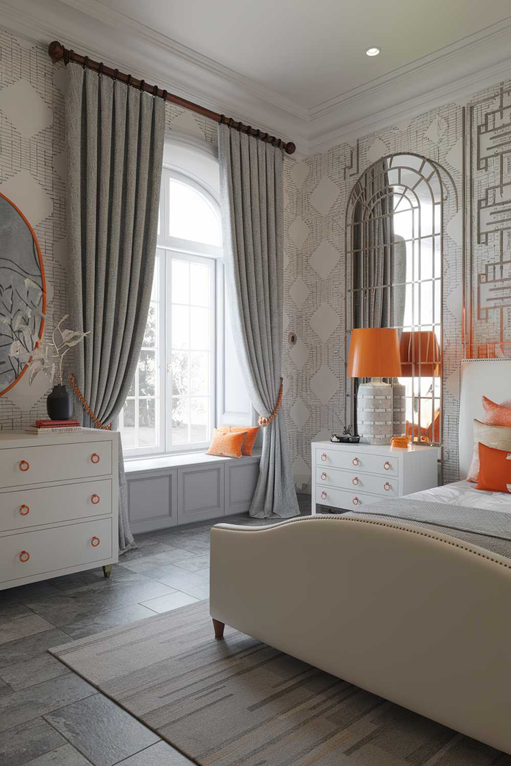 A bedroom with a stylish design and decor. The room has a white and grey color scheme, with a few pops of orange. There is a white bed with orange pillows. The room has a large window with grey curtains. There is a white dresser with orange handles and a white lamp with an orange shade. The floor is made of grey tiles. The walls have white and grey patterned wallpaper.