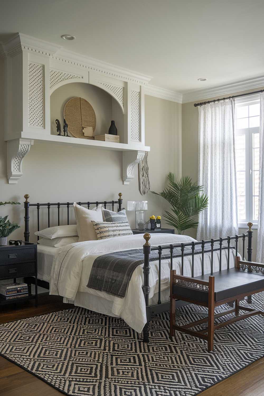 A bedroom with a stylish design and decor. The room has a white wooden bed with a black frame. There are two black wooden nightstands on either side of the bed. Above the bed, there's a white wooden shelf with a few decorative items. The room has a black and white patterned rug. The walls are painted in a light grey color. There's a large window with white curtains. There's a plant in the corner.