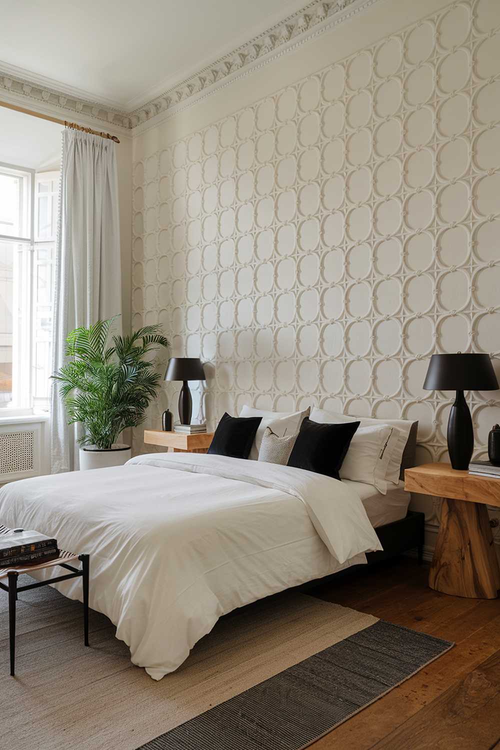 A bedroom with a stylish design and decor. The room features a large bed with a white duvet and black pillows. There's a black lamp on the bedside table, which is made of wood. The wall has a large, white geometric pattern. There's a potted plant near the bed. The floor is hardwood. The room has a large window with white curtains.