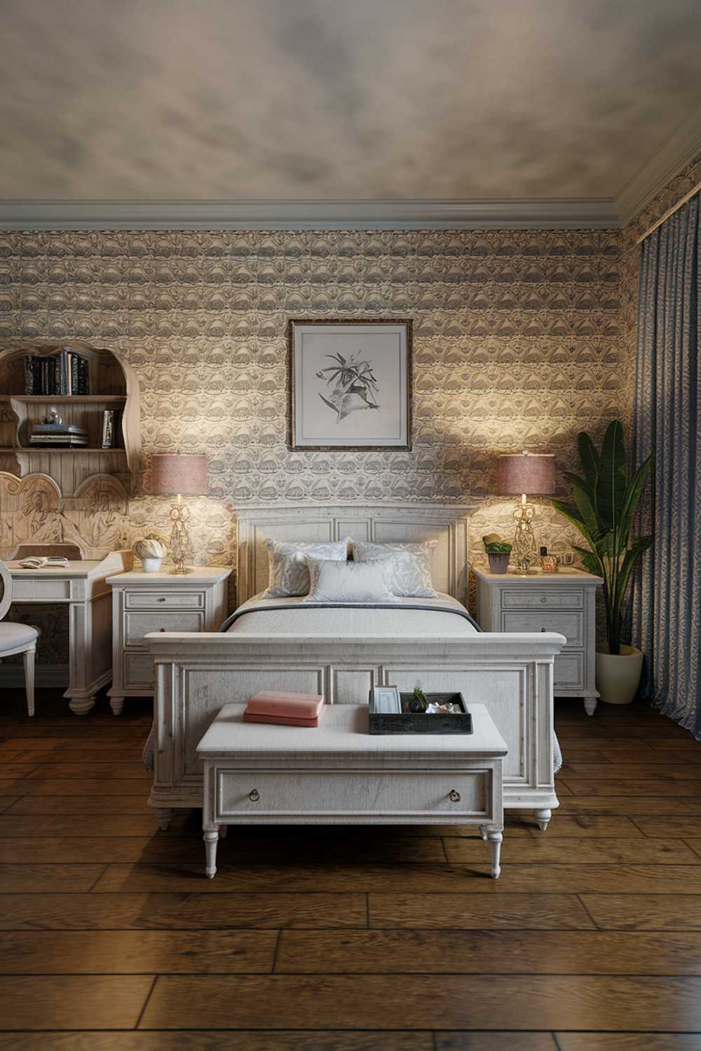 A bedroom with a stylish design and decor. The room has a white wooden bed frame, mattress, and two pillows. There are two nightstands on either side of the bed. One nightstand has a lamp and a plant, while the other has a lamp and a book. The room also has a desk with a chair and a plant. The walls have a patterned wallpaper. The floor is made of wooden planks.