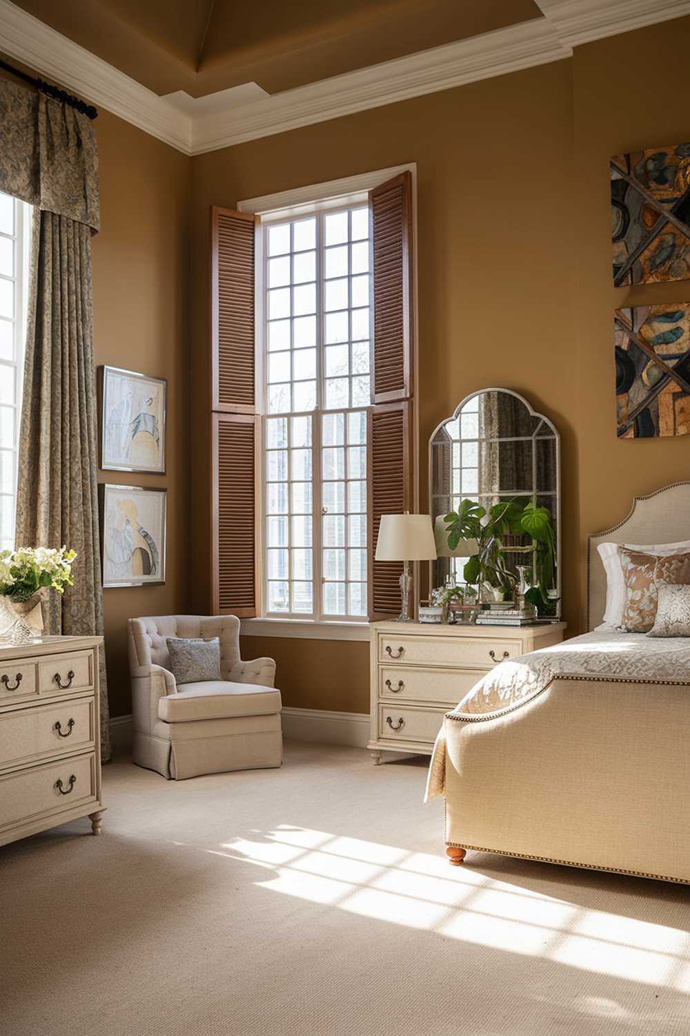 A bedroom with a stylish design and decor. The room has a high ceiling and is filled with natural light. The walls are painted in a warm, beige color. The floor is covered with a beige carpet. There is a large window with wooden shutters. A king-size bed with a beige headboard is placed near the window. A white dresser with a mirror and a green plant are placed near the bed. A plush beige armchair is placed near the wall. The walls have a few pieces of artwork.