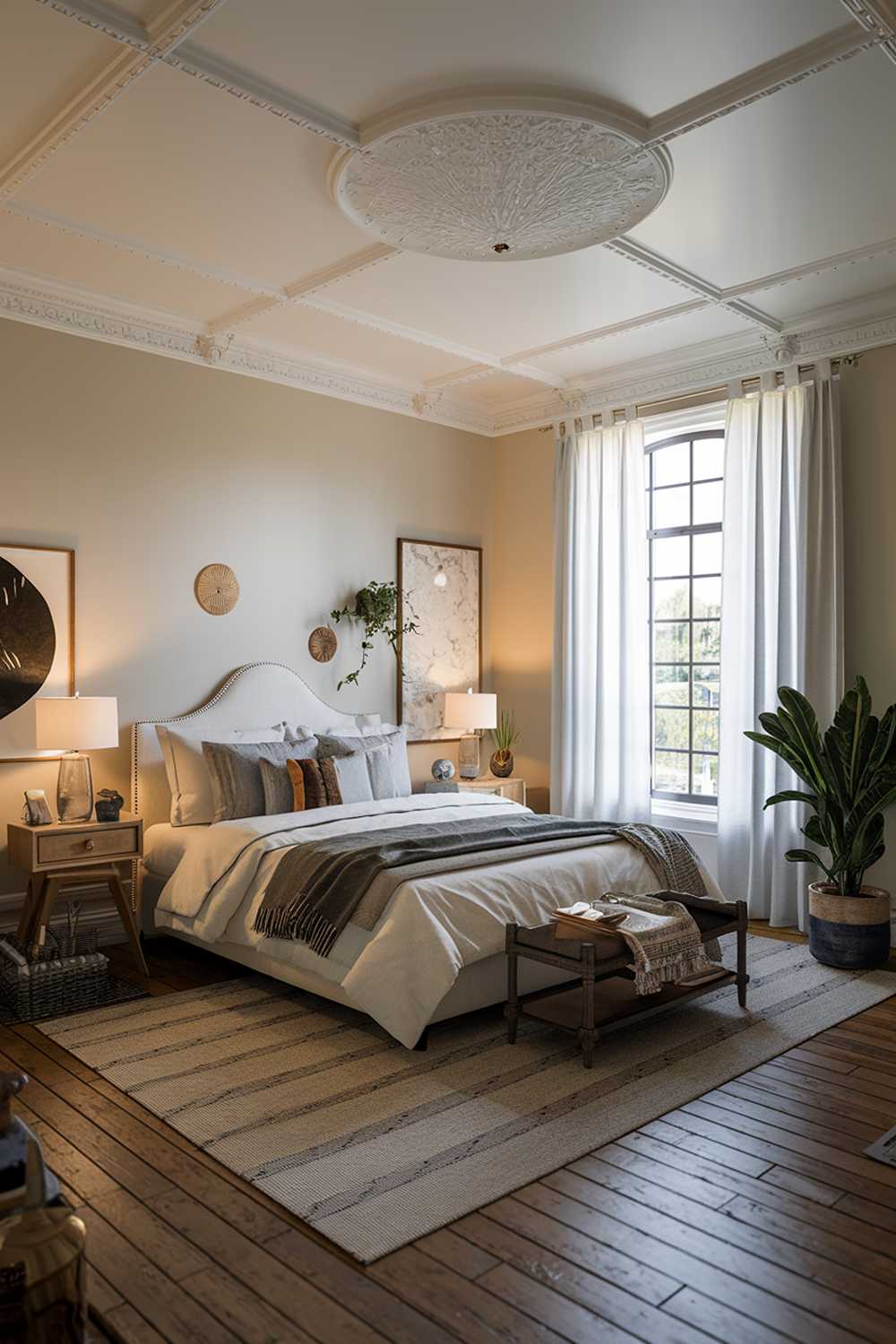 A bedroom with a stylish design and decor. The room has a white ceiling, walls, and bed frame. The bed is positioned against the wall, with a large window and white curtains on the right side. The floor is made of wooden planks. There are various items around the room, including a nightstand, a lamp, a plant, and a few decorative items. The lighting is warm and soft.