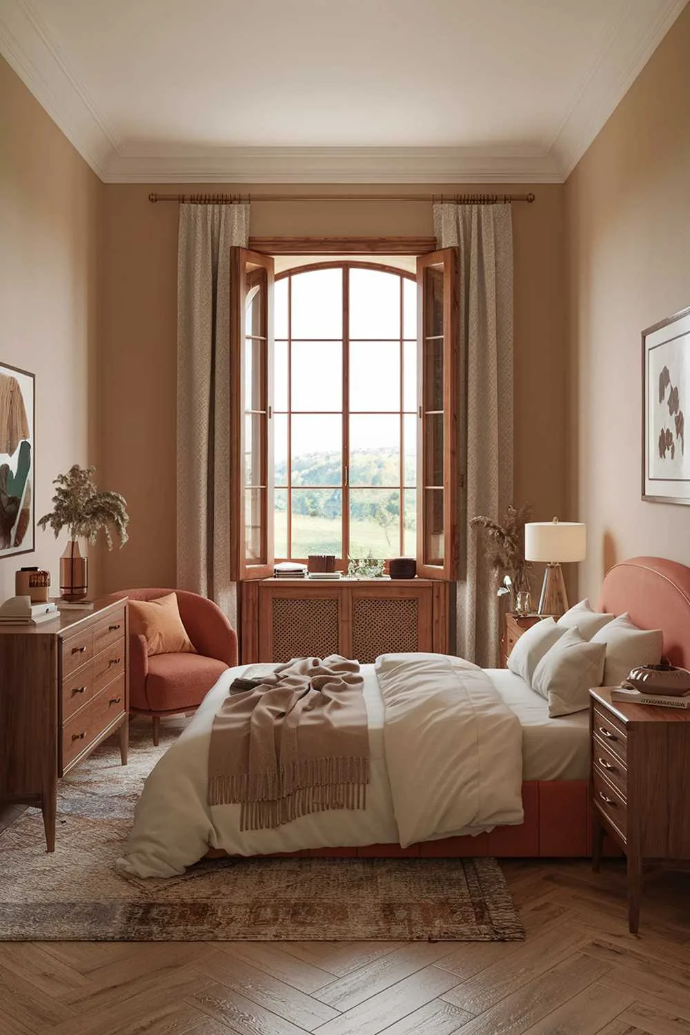 A terracotta bedroom design and decor with a wooden floor. The room has a large window with a view of a green landscape. There's a bed with a white cover and a few pillows. There's a wooden dresser with a few items. The walls are painted beige. There's a lamp on the nightstand. There's a rug on the floor.