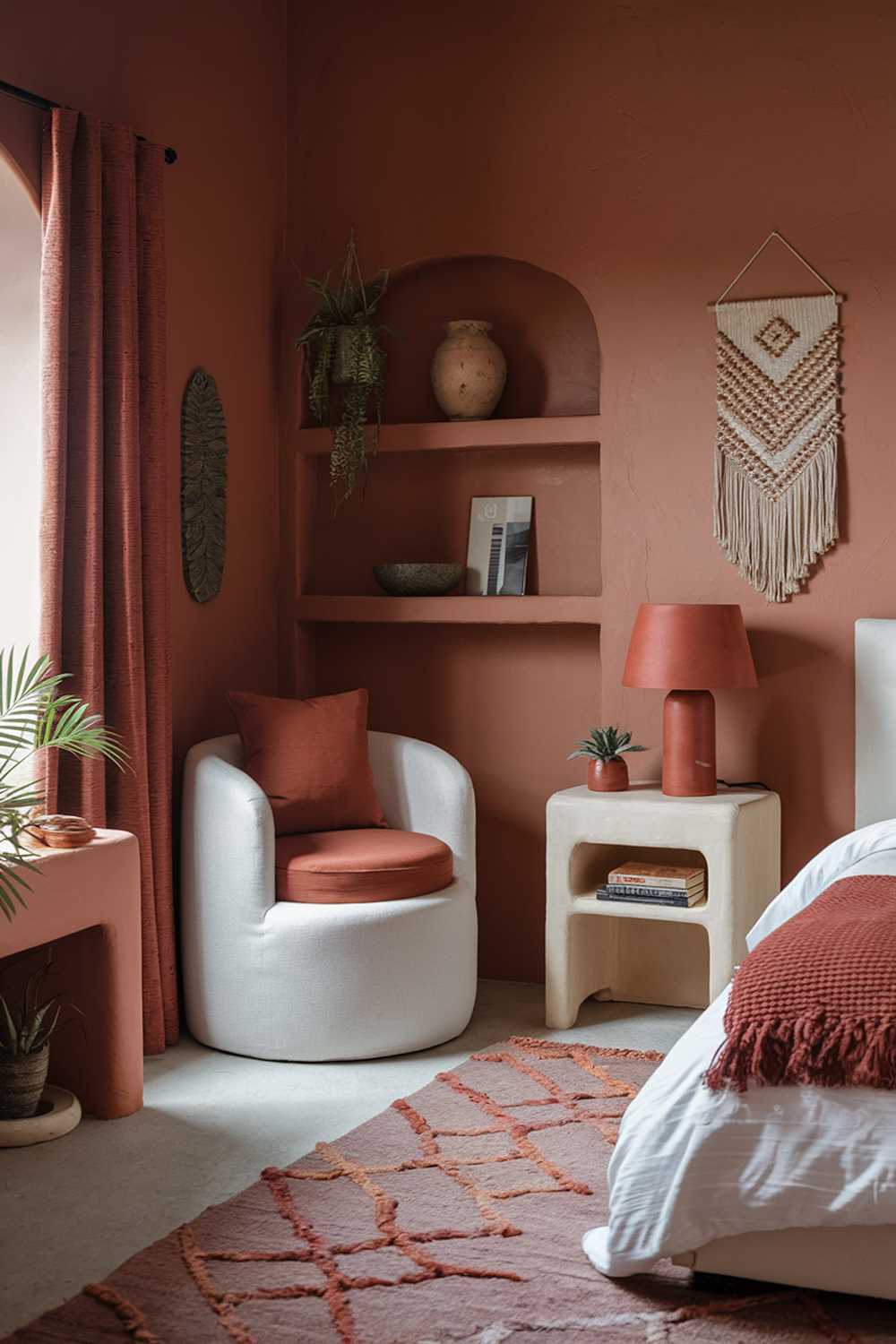 A terracotta bedroom with a high level of detail. The room has a terracotta colored wall and a terracotta-colored area rug. There is a white bed with a terracotta-colored throw pillow. There is a white nightstand with a terracotta-colored lamp. There is a white chair with a terracotta-colored cushion. The room has a terracotta-colored wall shelf with a few items. The room has a terracotta-colored curtain. The room has a few pieces of decor, including a plant, a decorative bowl, and a wall hanging. The room has a warm and inviting atmosphere.