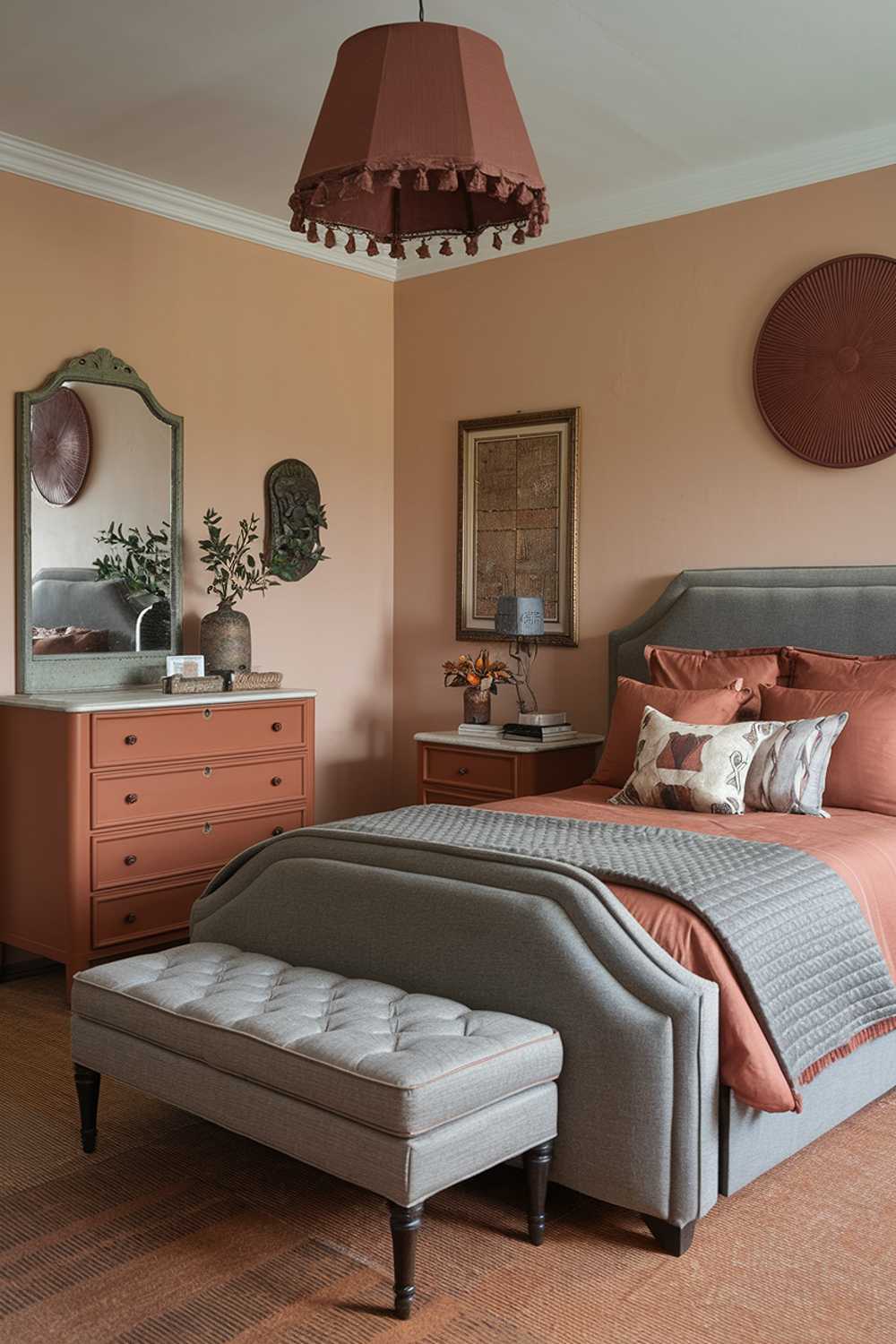 A terracotta bedroom design and decor. The room features a plush bed with a grey headboard and terracotta coloured bedding. There's a vintage style dresser with a mirror and terracotta coloured drawers. The walls are adorned with a terracotta coloured lampshade, a framed artwork, and a decorative piece. The room has a terracotta coloured rug and a few decorative pillows. The overall design has a warm and inviting ambiance.